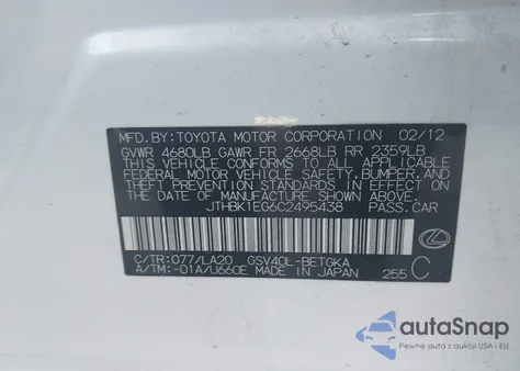 2012 Lexus Es 350 from USA, damaged, VIN JTHBK1EG6C2495438